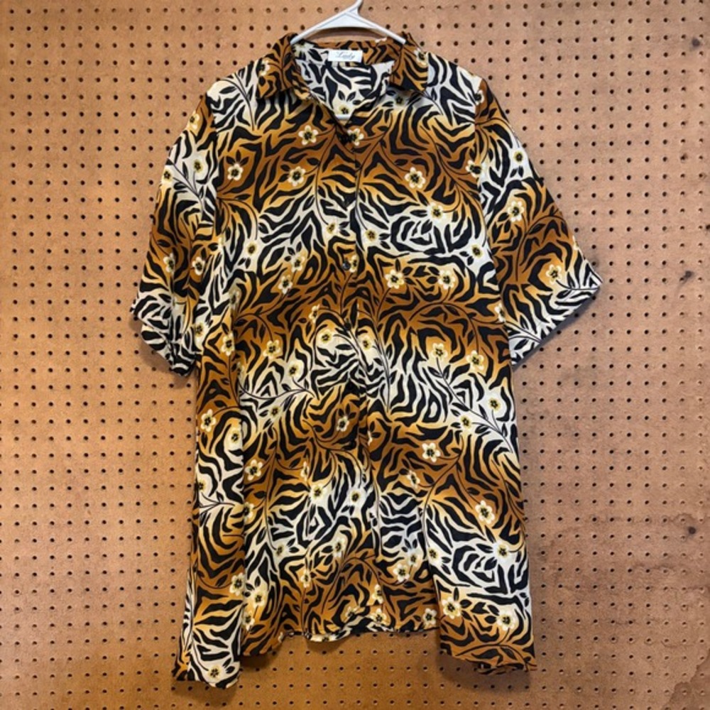 Lady Gottex Tiger Floral Button Down Shirt Short Sleeve Flowy Sheer XL Sexy